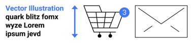 3 numaralı alışveriş arabası, çift uçlu ok stilize bir zarfın yanında. E-ticaret, dijital işlemler, alışveriş, posta, dağıtım hizmetleri, kullanıcı arabası durumu, ileti bildirimi için ideal