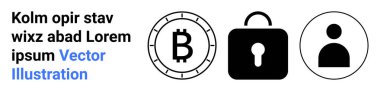 Bitcoin simgesi, asma kilit, daireler içinde kullanıcı profili simgesi. Kripto para birimi, güvenlik, kimlik doğrulama, gizlilik, çevrimiçi hesaplar, dijital finans, engelleme zinciri için ideal. İniş sayfası