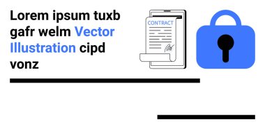 İmzalı sözleşme belgesi panoda mavi kilit sembolünün yanında. Yasal hizmetler, veri güvenliği, çevrimiçi sözleşmeler, siber güvenlik, dijital anlaşmalar, gizlilik politikaları, teknolojik çözümler için ideal. Pankart