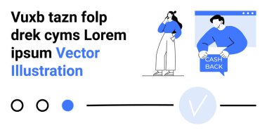 Düşünceli pozlar veren karakterler, bilgisayar ekranı, nakit para, siyah-mavi metin. Finans, müşteri hizmetleri, e-ticaret, geri ödeme, dijital pazarlama, kullanıcı deneyimi ve uygulama geliştirme için ideal