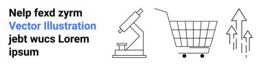Bir mikroskop, bir alışveriş arabası ve yukarı bakan oklar, bilimsel araştırmaları, online alışverişi ve pazar büyümesini temsil ediyor. Bilim, teknoloji, araştırma, e-ticaret ve ticaret için ideal.