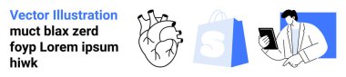 İçinde anatomik bir kalp çizimi, logolu bir alışveriş çantası ve tablet kullanan bir işadamı var. Sağlık, e-ticaret, teknoloji, iş ve tasarım kavramları için idealdir. İniş sayfası