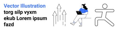 Dizüstü bilgisayarı olan bir kadın, yukarı bakan üç ok, soyut çalışan bir figür ve Lorem ipsum metni. Üretkenlik, uzak çalışma, büyüme, başarı, fitness, motivasyon, iniş sayfası için ideal