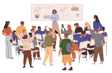 A speaker presents in front of an engaged audience, with charts and graphs displayed on a screen. Various attendees raise hands, take photos, and engage actively. Ideal for business, education clipart