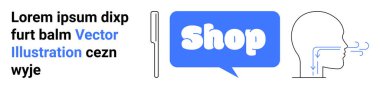 Çevrimiçi alışveriş kavramı bir sohbet baloncuğuyla temsil ediliyor, hava akışı şemaları olan bir insan kafası. E-ticaret, sağlık, dijital iletişim, pazarlama ve teknoloji için ideal. Pankart