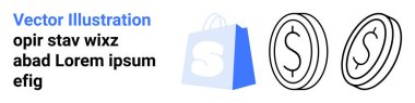 İki dolarlık madeni paralar ve yer tutucu metnin yanında basit ve temiz bir şekilde alışveriş poşeti ikonu. eCommerce platformları, çevrimiçi alışveriş sunumları, finans hizmetleri, iş kavramları için ideal