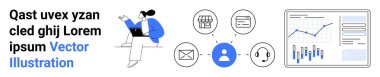 Laptop üzerinde çalışan kişi, alışveriş, kredi kartı, e-posta, kullanıcı ve kulaklık için birbirine bağlı simgeler, analitik gösterge paneli. İş için ideal, iletişim, veri analizi, müşteri desteği