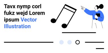 Parmakla gösterme, büyük müzik notaları, metin blokları ve renk elementleri. Müzik, modern tasarım, web geliştirme, teknoloji, minimalizm, eğitim, sunumlar için ideal İniş sayfası