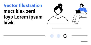 Dişi avatar, dizüstü bilgisayardaki kişi, minimalist çizgiler, mavi ve siyah metin. Modern tasarım için ideal, kullanıcı profilleri, teknik temalar, dijital içerik, temiz planlar, iniş sayfaları, görsel hiyerarşi. İniş