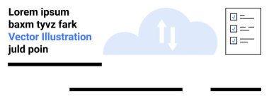 Yukarıdan aşağıya oklu bulut, sağda bir kontrol listesi ve minimum metin satırları. Veri yönetimi, bulut hizmetleri, proje planlaması, yapılacaklar listesi, üretkenlik araçları, dijital çözümler için ideal