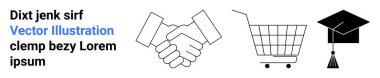 Clean black and white design features a handshake symbolizing partnership, a shopping cart representing e-commerce, and a graduation cap indicating education, alongside sample text. Ideal clipart