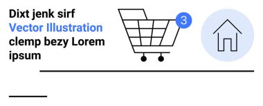 Üç öğe tebligatlı alışveriş arabası, mavi daireli ev sembolü, yer tutucu mesajı. E-ticaret, çevrimiçi alışveriş, bildirimler, kullanıcı arayüzü, web sitesi tasarımı, vektör grafikleri için ideal