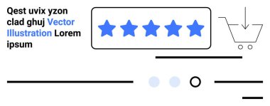 5 yıldızlı derecelendirme sistemi, alışveriş arabası ikonu, metin tutucuları ve satırlar. E-ticaret, çevrimiçi değerlendirmeler, reytingler, alışveriş, kullanıcı geribildirimi, müşteri hizmetleri ve ürün değerlendirmesi için idealdir. İniş sayfası