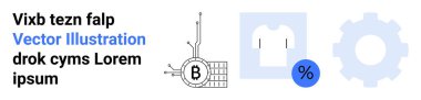 Bitcoin devresi, indirim etiketli tişört ve vites sembolü. E-ticaret, teknoloji, pazarlama, kripto para birimi, alışveriş, yazılım geliştirme, grafik tasarımı için ideal. İniş sayfası
