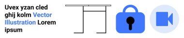 Güvenliği temsil eden asma kilit, çalışma alanını sembolize eden masa ve video konferansını gösteren kamera. İş güvenliği için ideal, sanal toplantılar, veri koruması, çevrimiçi işbirliği, uzaktan kumanda