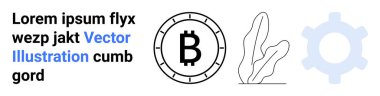 Dairesel çerçevede Bitcoin sembolü, yapraklı bitki, açık mavi vites simgesi ve yer tutucu metin. Kripto para birimi, dijital finans, engelleme zinciri teknolojisi, iş, girişimler, modern tasarım için ideal