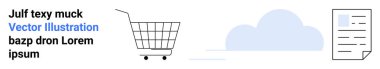 Bulut ve belgenin yanında alışveriş arabası. E-ticaret, dijital depolama, çevrimiçi alışveriş, bulut bilgisayarı, belge yönetimi, teknoloji hizmetleri ve modern iş için ideal. İniş sayfası için pankart