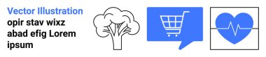 Siyah ve mavi ağaç, alışveriş arabalı konuşma balonu ve elektrokardiyogramlı kalp. Çevresel temalar, çevrimiçi alışveriş platformları, sağlık ve sağlık konuları, asgari düzeyde