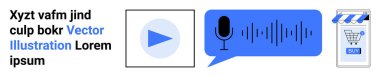 Çalma tuşu, ses dalgalı mikrofon ve mavi renkli alışveriş poşeti simgeleri. Teknoloji blogları, podcastler, eCommerce siteleri, dijital platformlar, medya siteleri, çevrimiçi öğretiler, etkileşimli içerik için ideal