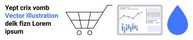 Alışveriş arabası, grafikli analitik gösterge paneli ve mavi bir su damlası. E-ticaret, veri analizi, alışveriş eğilimleri, çevrimiçi ticaret, istatistik, pazar araştırması ve İnternet analizi için ideal