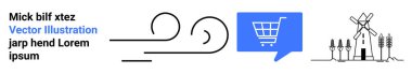 Konuşma balonunda mavi alışveriş arabasıyla dönen çizgiler ağaçlı yel değirmeni ve kısa mesajlar. E-ticaret, iletişim, yenilenebilir enerji kavramları, minimal tasarım, web sayfası için ideal