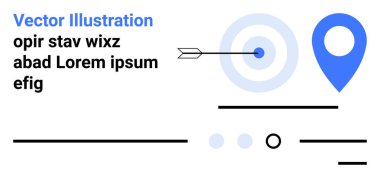 Hedef hedef, ortada ok, mavi lokasyon pimi, siyah çizgiler ve doldurucu metin. Navigasyon, hedefler, başarı, hedefleme, pazarlama, strateji ve çevrimiçi içerik için ideal. İniş sayfası