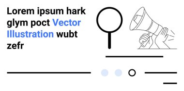 Elle tutulan megafon, büyüteç ve yer tutucu metin. Pazarlama, reklam, promosyonlar, duyurular, iletişim, arama, iş sadeleştirilmiş tasarım için ideal
