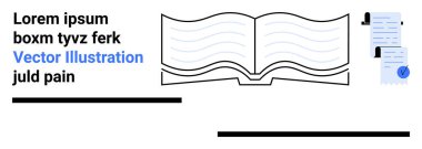Mavi çizgileri olan açık bir kitap, turta grafiği ve siyah işaretli bir belge. Eğitim, sertifika, yasal, belgelendirme, yayınlama, içerik oluşturma ve çevrimiçi öğrenme temaları için ideal