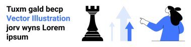 Satranç kalesi stratejiyi sembolize eder, büyümeyi gösteren yükselen oklar, ve yönü gösteren kişi. Ticari planlar, pazarlama stratejileri, mali büyüme, stratejik planlama için ideal