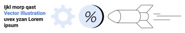 Metnin yanında dişli ve yüzde simgeleriyle roket fırlatılıyor. Teknoloji, iş büyümesi, finans, başlangıç kavramları, yenilik, verimlilik ve organizasyon için idealdir. İniş sayfası