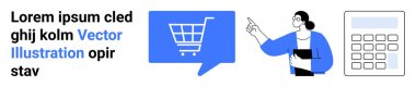 Alışveriş arabalı konuşma balonu, belgeyle işaret eden iş kadını ve hesap makinesi. E-ticaret, çevrimiçi alışveriş, iş sunumları, finans temaları, dijital pazarlama, satışlar için ideal