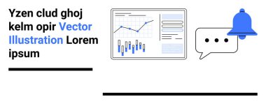 Bar grafikleri, çizgi grafiği, uyarı zili ve mesaj simgeleriyle iş analizi paneli. Veri analizi, bildirimler, iletişim, iş anlayışı, pazarlama stratejileri için ideal