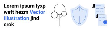 Metin bloğu, çizilmiş ağaç, mavi kalkan ve işaretli belgeler. Güvenlik, veri koruması, iş, yasal, çevre, eğitim ve teknoloji temaları için ideal İniş sayfası