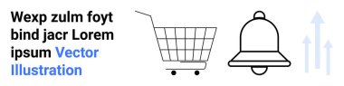 Alışveriş arabası, uyarı zili ve online alışveriş ve büyümeyi gösteren yukarı doğru oklar. E-ticaret, dijital alışveriş, uygulama bildirimleri, iş büyümesi, pazarlama stratejileri, web tasarımı için ideal