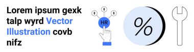 HR button clicked by hand, percent sign in circle, wrench icon. Ideal for HR management, business analysis, engineering services, financial planning, corporate presentations, educational material clipart