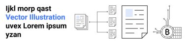 Metin elementler, belgeler ve Bitcoin sembolüne bağlı bir grafik içeren iş akışı diyagramı. Finansal hizmetler, veri yönetimi, engelleme zinciri, dijital işlemler, fintech