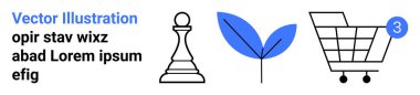 Chess pawn, blue leaf, and shopping cart with notification icon. Ideal for strategy, nature, environment, shopping, business, ecommerce, and notifications. Perfect for digital marketing, online clipart