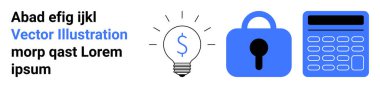 Dolar işareti ampul, kilit ve hesap makinesi simgeleri fikirleri, güvenliği ve hesaplamayı temsil eder. Finans, bankacılık, muhasebe, iş stratejisi, siber güvenlik, fintech yenilikleri için ideal Banner