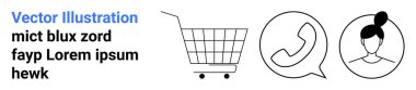Bir telefon çağrı sembolünün yanında alışveriş arabası ikonu ve konuşma balonlarında kadın kullanıcı avatarı. E-ticaret, müşteri hizmetleri, kullanıcı profilleri, iletişim merkezleri, alışveriş uygulamaları, web sitesi afişleri için ideal