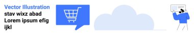 Konuşma balonunda alışveriş arabası simgesi, bulut simgesi, analitik gösterge paneli olan kişi e-ticaret, bulut depolama, veri analizi, online alışveriş, dijital pazarlama, teknik destek, SaaS