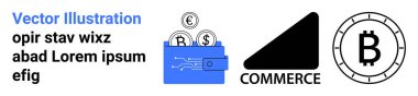 Para dolu dijital cüzdan, e-ticaret etiketi, Bitcoin sembolü. Dijital işlemler, çevrimiçi alışveriş, kripto para birimi, modern ticaret çözümleri, fintech, finans uygulamaları ve yatırım için ideal