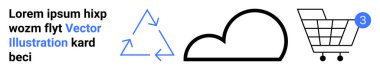 Geri dönüşüm okları, bulut taslağı, tebligatlı alışveriş arabası. Modern arayüzler, sürdürülebilirlik, veri depolama, minimalizm, e-ticaret, çevresel farkındalık, alışveriş için ideal. İniş sayfası