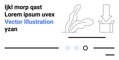 Kavisli yapraklı bitki, aşağıya doğru ok, yatay çizgiler, Latince metinde yer tutucu metin, mavi renklendirme, işaretleme kutusu, noktalar. Modern tasarım, minimalizm, UIUX, web tasarımı, iniş için ideal