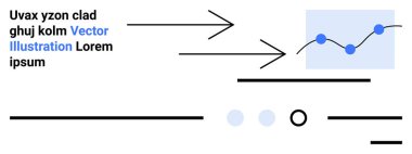Oklar sağa, çizgi grafiği mavi veri noktaları, metin elemanları, yatay çizgiler ve daire simgeleri. Sunumlar, iş raporları, veri analizi, bilgi grafikleri, pazarlama için ideal