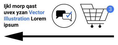 3 parça rozetli alışveriş arabası, çemberde işaretli konuşma balonları, büyük sol ok. E-ticaret, çevrimiçi mağazalar, müşteri geribildirimi, dijital pazarlama, özel dersler, UIUX tasarımı, iniş için ideal