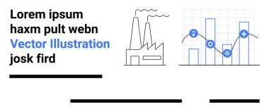 Dumanlı fabrika, çizgi grafikli bar grafiği ve mavi simgeler, yer tutucu metin. Endüstriyel analitik, veri takibi, mühendislik, imalat, enerji sektörü, iş raporları, teknoloji için ideal
