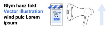 Satın alma düğmesi ve yukarı doğru ok ile çevrimiçi mağaza penceresinin yanındaki megafon. Ecommerce, dijital pazarlama, promosyonlar, reklamcılık, satış kampanyaları, çevrimiçi alışveriş, sosyal medya için ideal