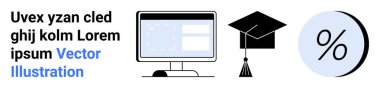 Verili bilgisayar monitörü, mezuniyet şapkası ve siyah beyaz yüzdelik simgesi. Eğitim, e-öğrenim, çevrimiçi kurslar, dersler, veri analizleri, akademik başarı ve ilerleme izleme için ideal