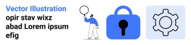 Konuşma balonu tutan şahıs, mavi asma kilit güvenlik ve ayarlar için gri dişli sembolü gösteriyor. Web tasarımı, uygulama arayüzleri, siber güvenlik, iletişim araçları, teknik özellikler, kullanıcı için ideal