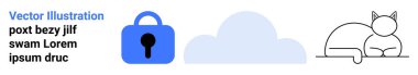 Bulut şeklindeki mavi kilit sembolü ve minimalist kedi çizgisi. Güvenlik temaları, bulut hesaplama, evcil hayvan içeriği, minimal tasarım, teknoloji markalaşması, çevrimiçi makaleler, kullanıcı
